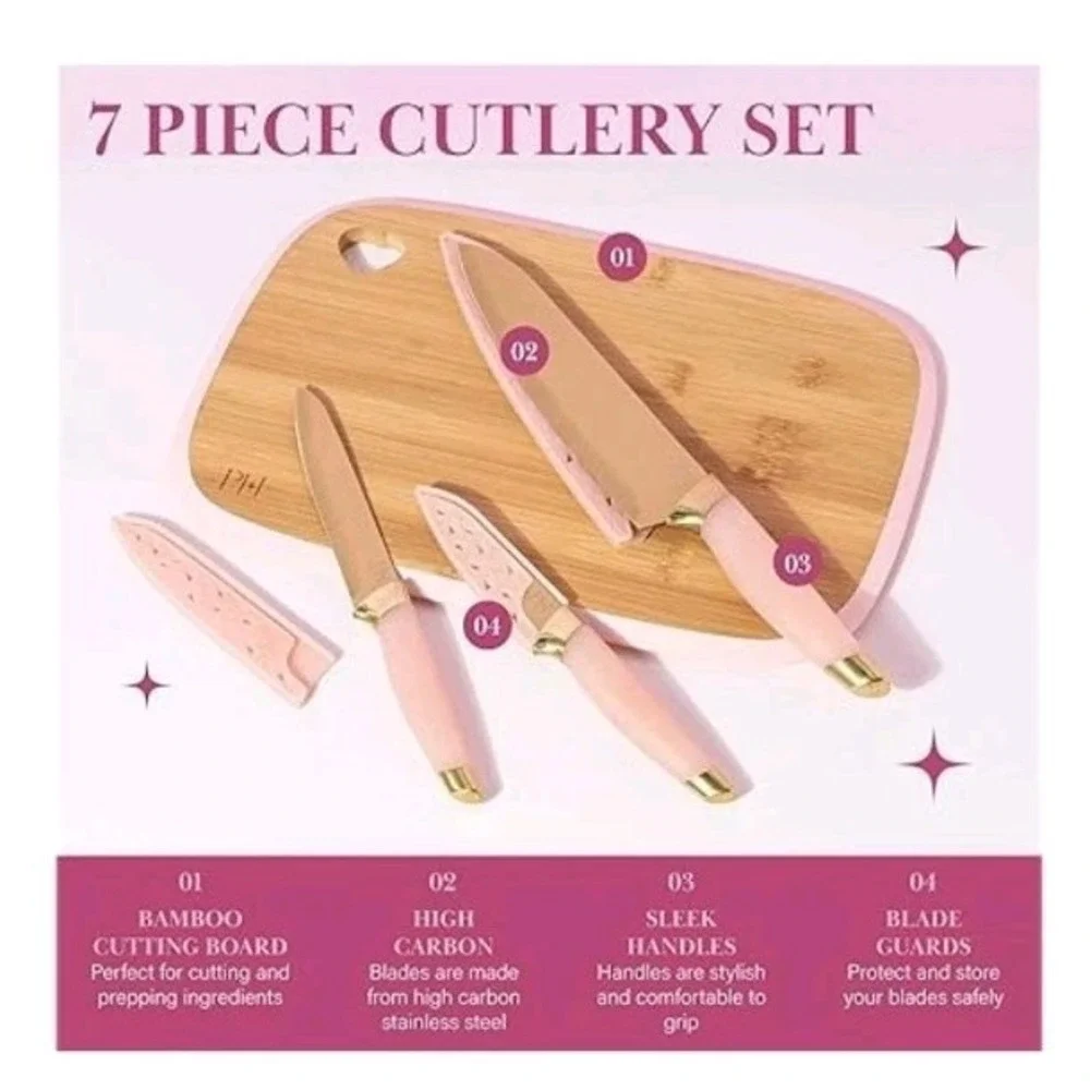 Paris Hilton 7-Piece Bamboo Cutting Board & Stainless Steel Knives Set